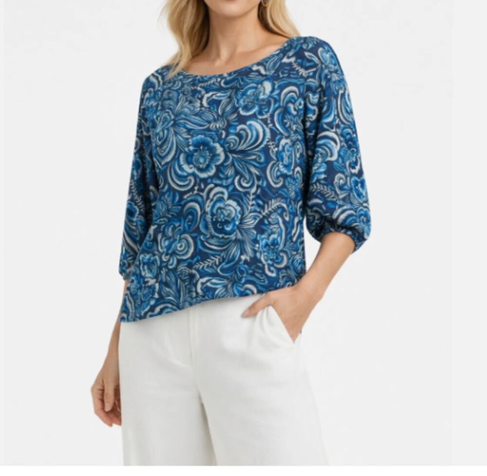 Johnny Was NWT The Janie Sz L Soft Jersey Blue Feathery Flower Puff Sleeve Top